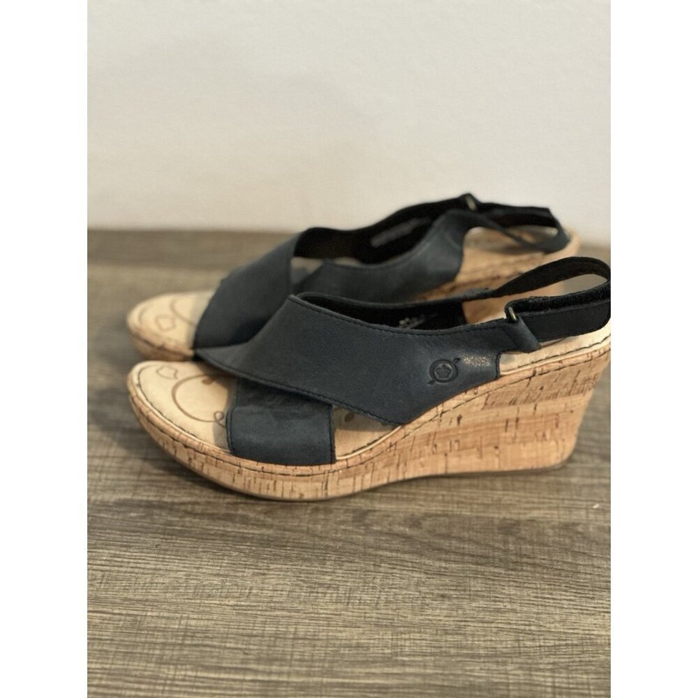 BORN Women’s‎ 8M Henning Leather Criss Cross Slingback Wedge Sandals Black